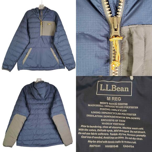 LL Bean Mountain Classic Down Pullover Hooded Jacket Coat Anorak Blue M New - Picture 1 of 16